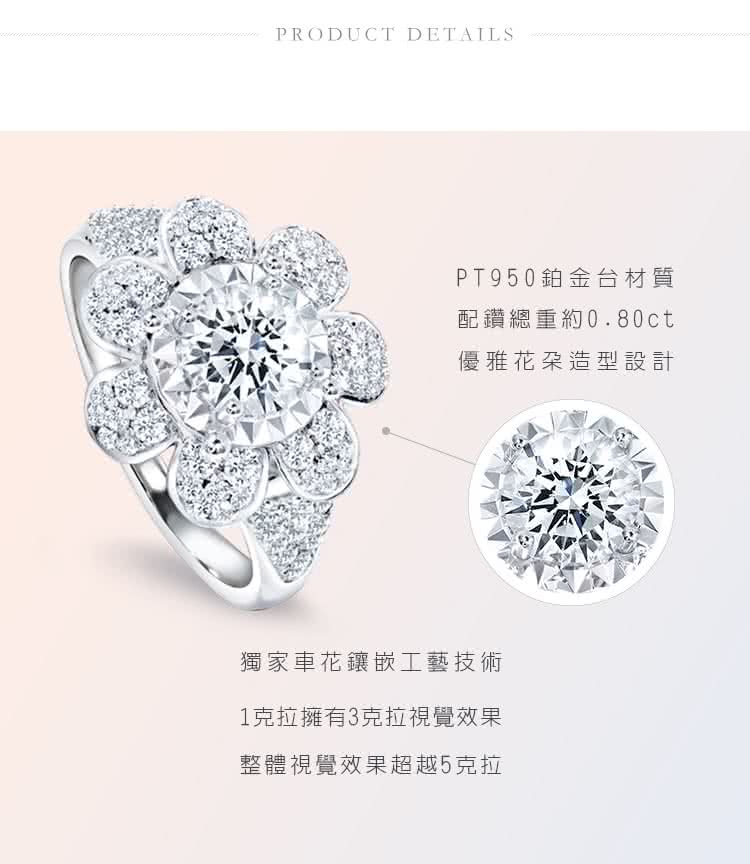 PRODUCT DETAILSPT950鉑金台材質配鑽總重約0.80ct優雅花朵造型設計獨家車花鑲嵌工藝技術1克拉擁有3克拉視覺效果整體視覺效果超越5克拉