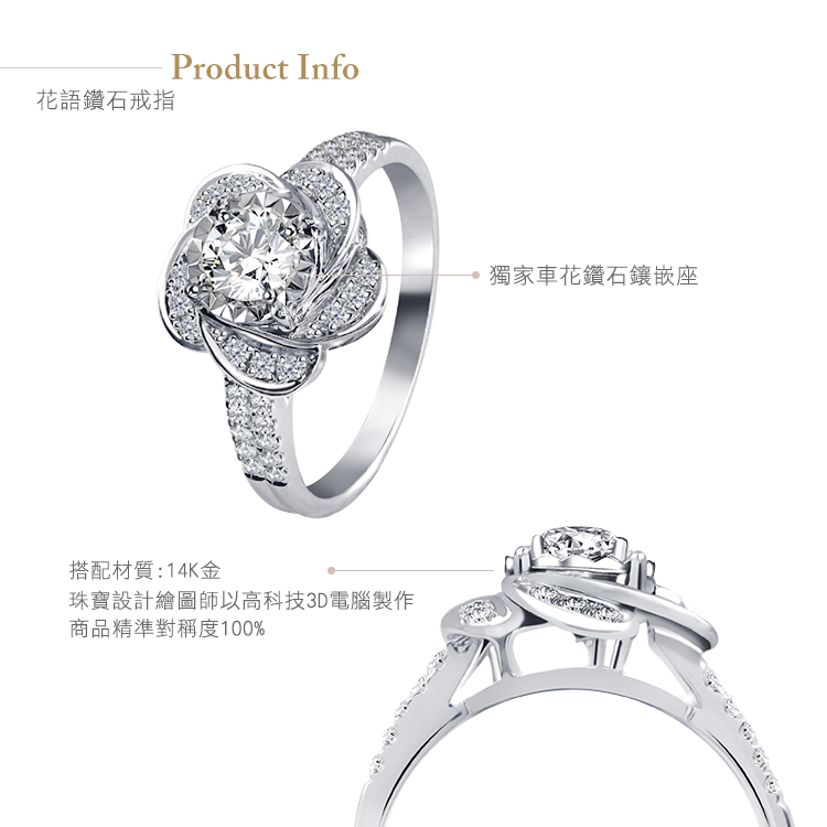 Product Info花語鑽石戒指搭配材質:14K金珠寶設計繪圖師以高科技3D電腦製作商品精準對稱度100%獨家車花鑽石鑲嵌座