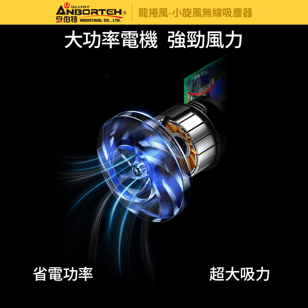 ANBORTCH 龍捲風小旋風無線吸塵器 安伯特 INDUSTAIAL CO., LTD. 大功率電機 強勁風力 省電功率 超大吸力 