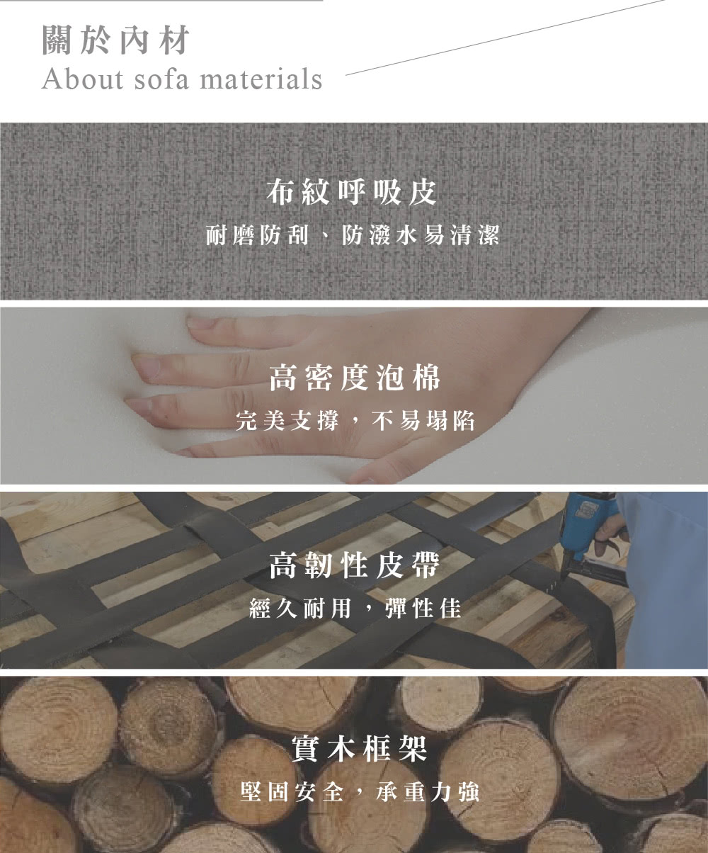 關於內材About sofa materials布紋呼吸皮耐磨防刮、防潑水易清潔高密度泡棉完美支撐,不易塌陷高韌性皮帶經久耐用,彈性佳實木框架堅固安全,承重力強