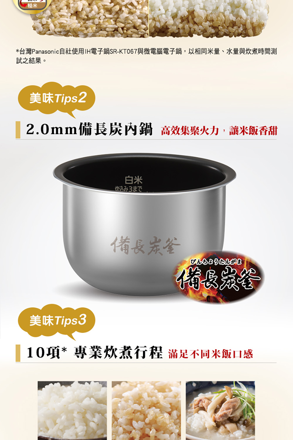 台灣Panasonic自社使用IH電子鍋SRKTO067與微電腦電子鍋,以相同米量、水量與炊煮時間測