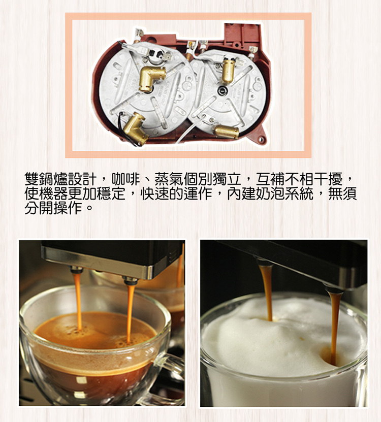 雙鍋爐設計,咖啡、蒸氣個別獨立,互補不相干擾, 使機器更加穩定,快速的運作,內建奶泡系統,無須 分開操作。 