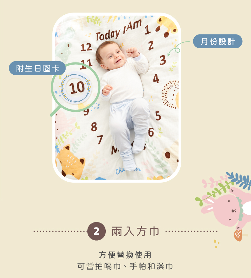 附生日圈卡 月份設計 2 兩入方巾 方便替換使用 可當拍嗝巾、手帕和澡巾 