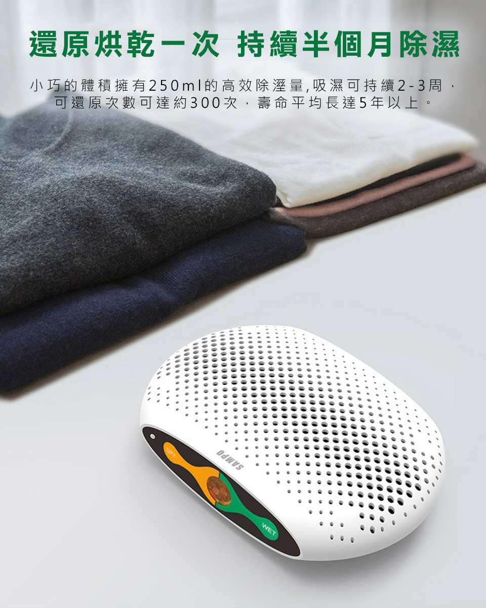 還原烘乾次 持續半個月除濕 小巧的體積擁有250ml的高效除溼量,吸濕可持續23周, 可還原次數可達約300次,壽命平均長達5年以上。 