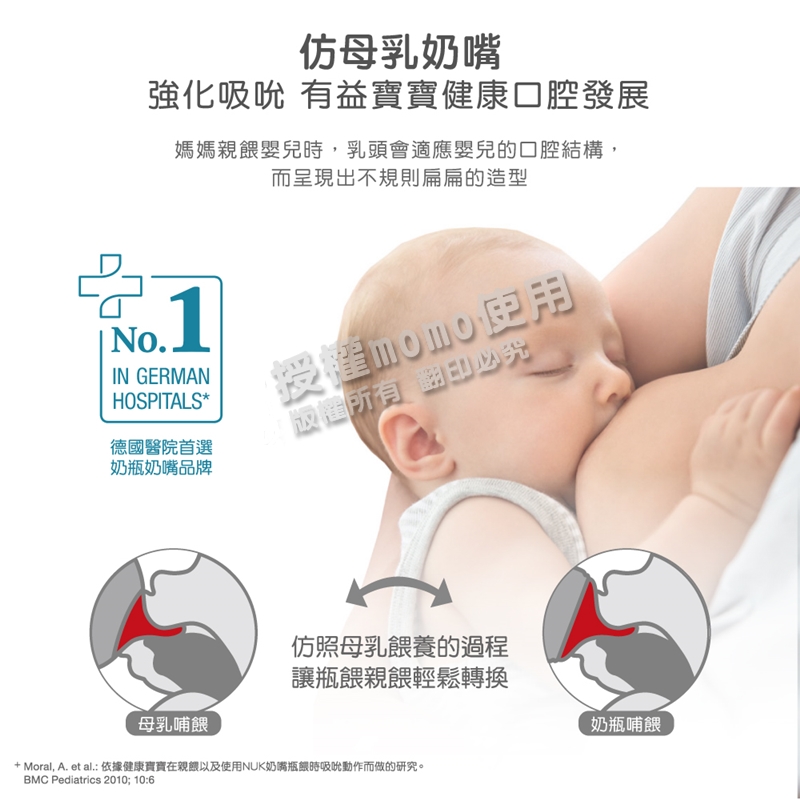 Moral, A. et al. 依據健康實寶在親舰以及使用NUK奶嘴瓶餵時吸吮動作而做的研究。