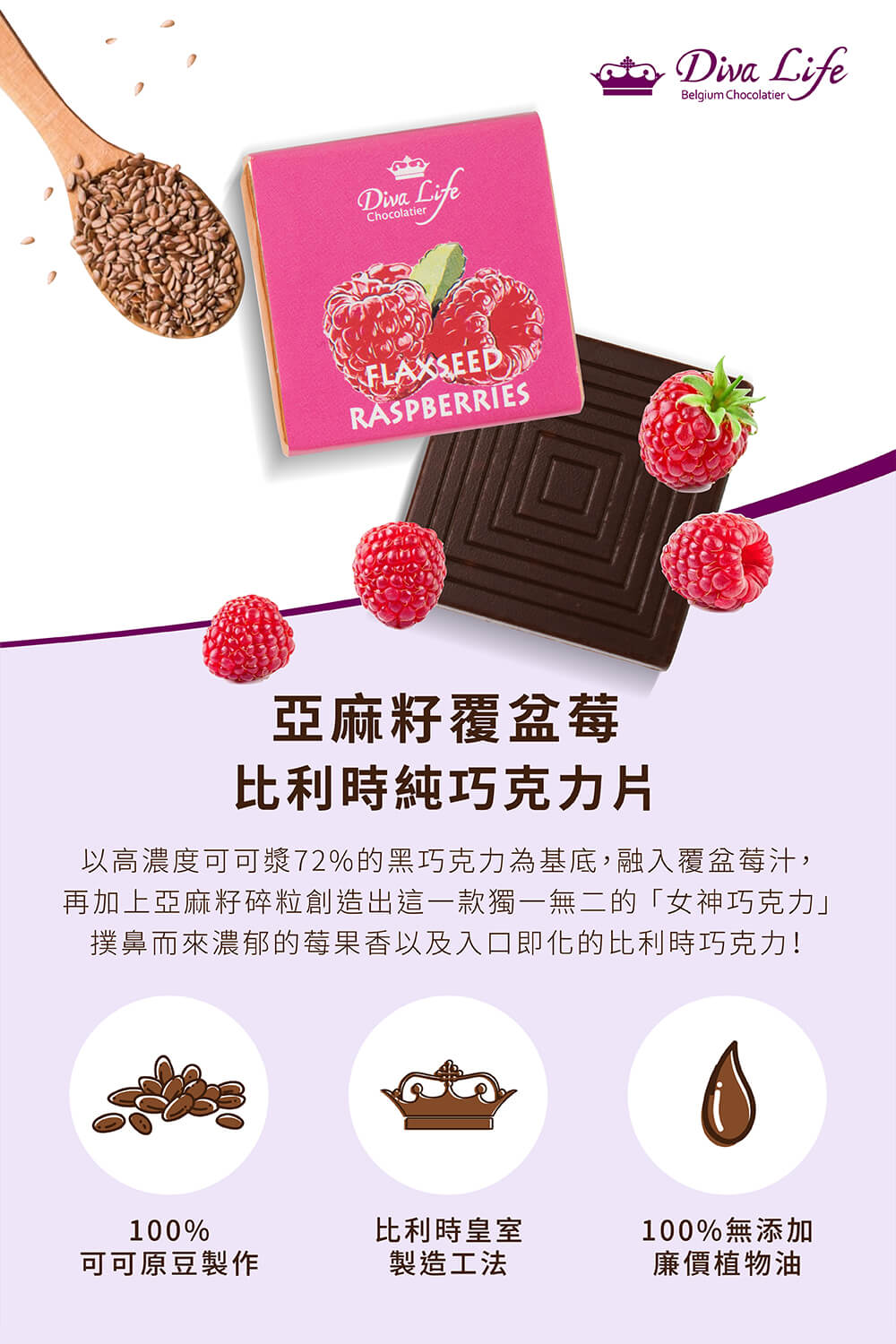 以高濃度可可漿72%的黑巧克力為基底,融入覆盆莓汁,