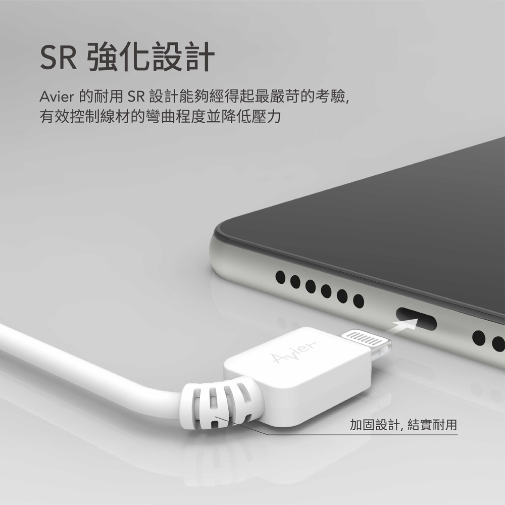 SR強化設計 Avier 的耐用SR設計能夠經得起最嚴苛的考驗, 有效控制線材的彎曲程度並降低壓力 加固設計,結實耐用