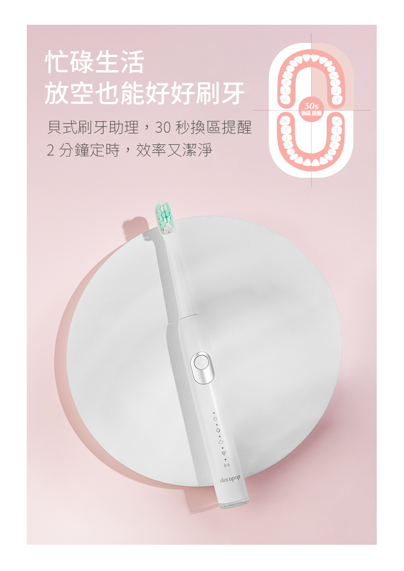 忙碌生活 放空也能好好刷牙 換區提醒 貝式刷牙助理30 秒換區提醒 2分鐘定時效率又潔淨 