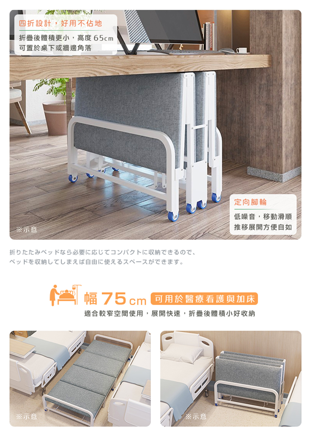 幅75cm可用於醫療看護與加床