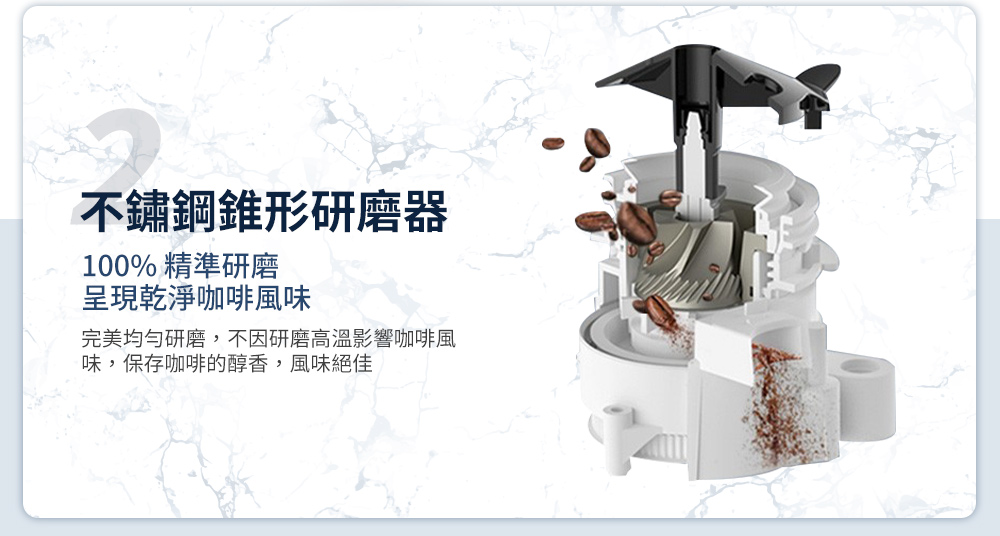 不鏽鋼錐形研磨器 100% 精準研磨 呈現乾淨咖啡風味 完美均勻研磨,不因研磨高溫影響咖啡風 味,保存咖啡的醇香,風味絕佳 