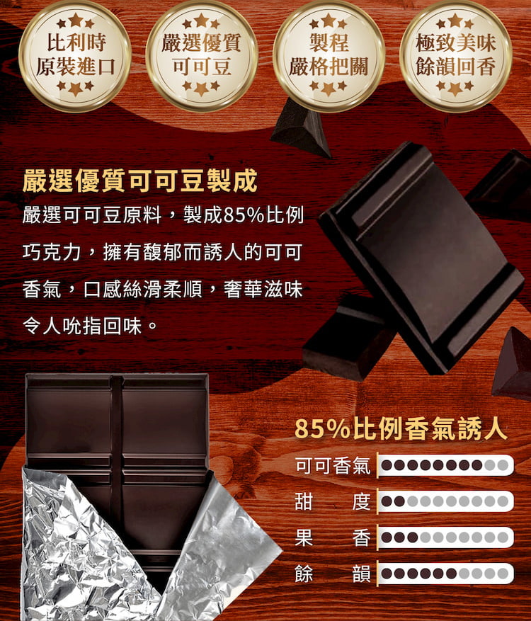 嚴選可可豆原料,製成85%比例