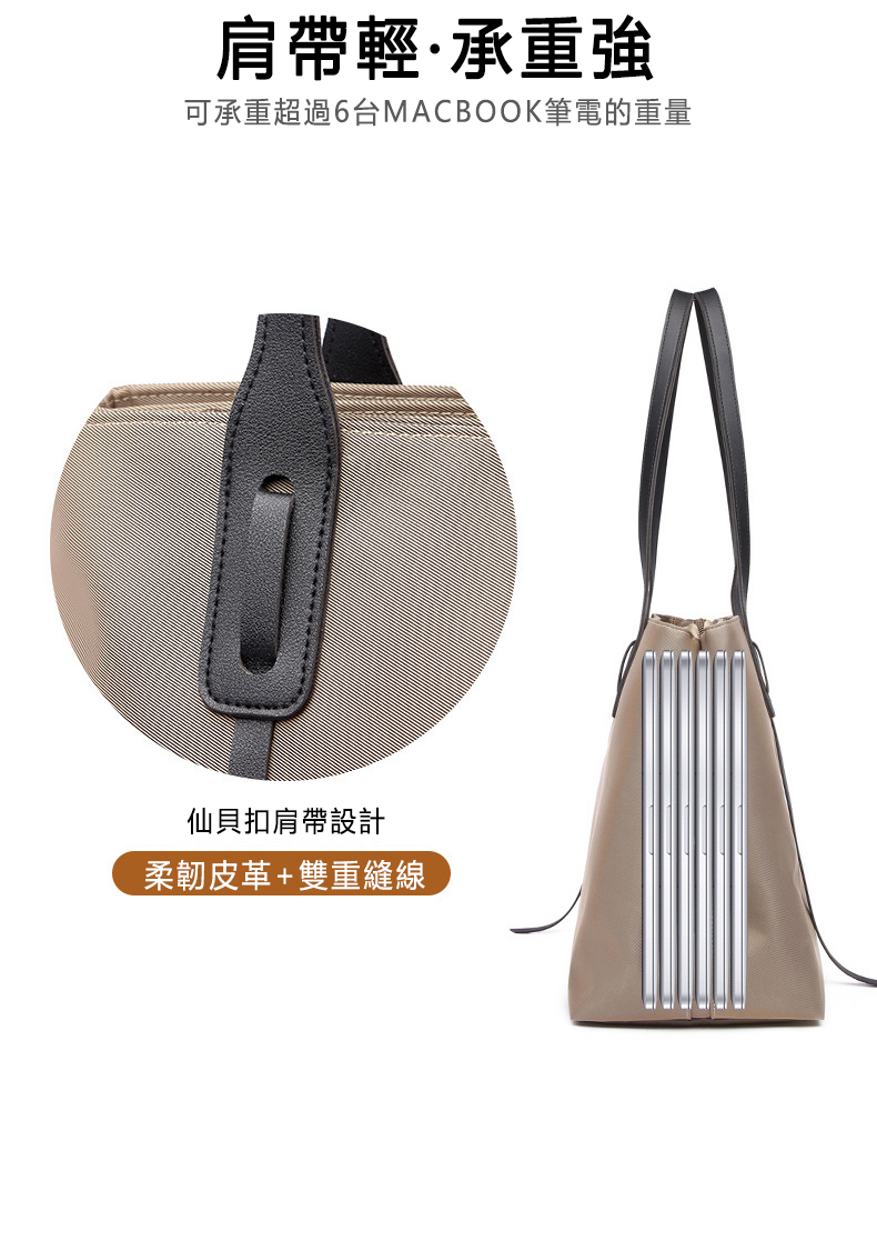 肩帶輕.承重強 可承重超過6台MACBOOK筆電的重量 仙貝扣肩帶設計 柔韌皮革雙重縫線 