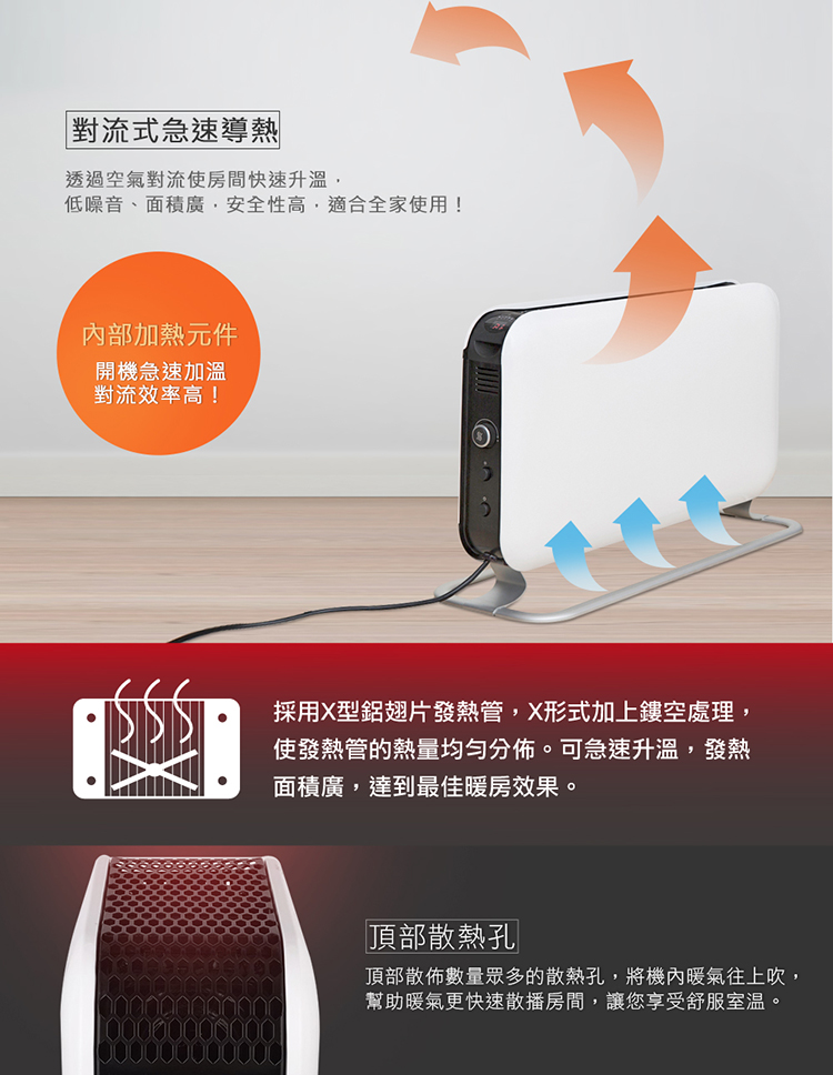 頂部散佈數量眾多的散熱孔,將機內暖氣往上吹,