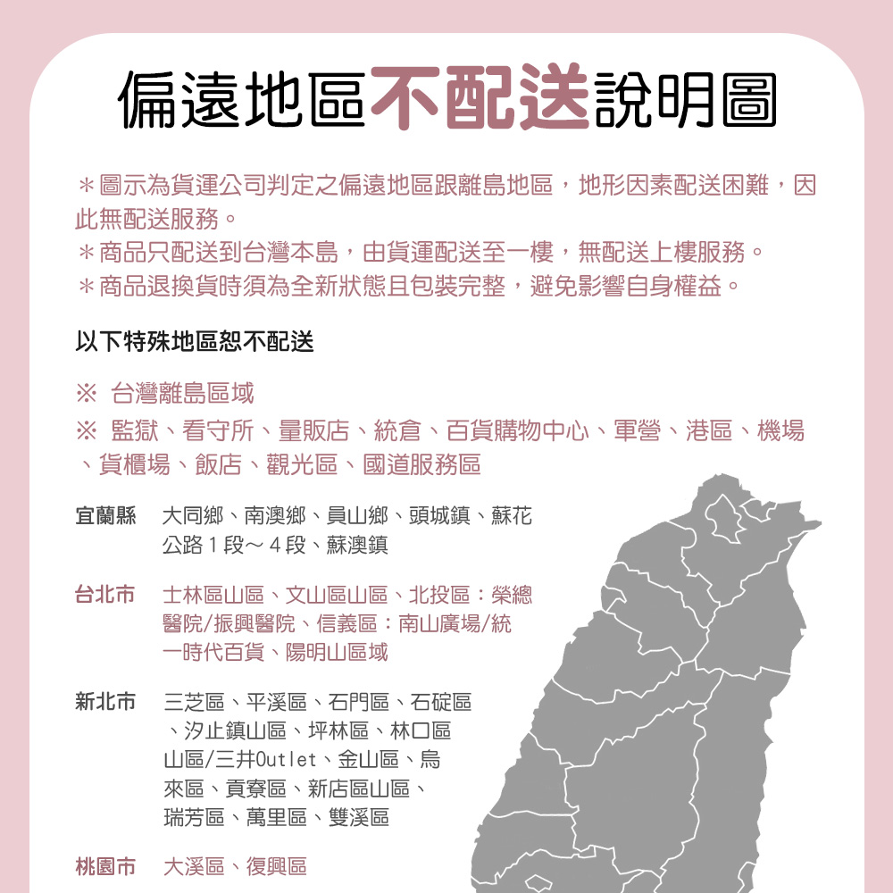 圖示為貨運公司判定之偏遠地區跟離島地區,地形因素配送困難,因