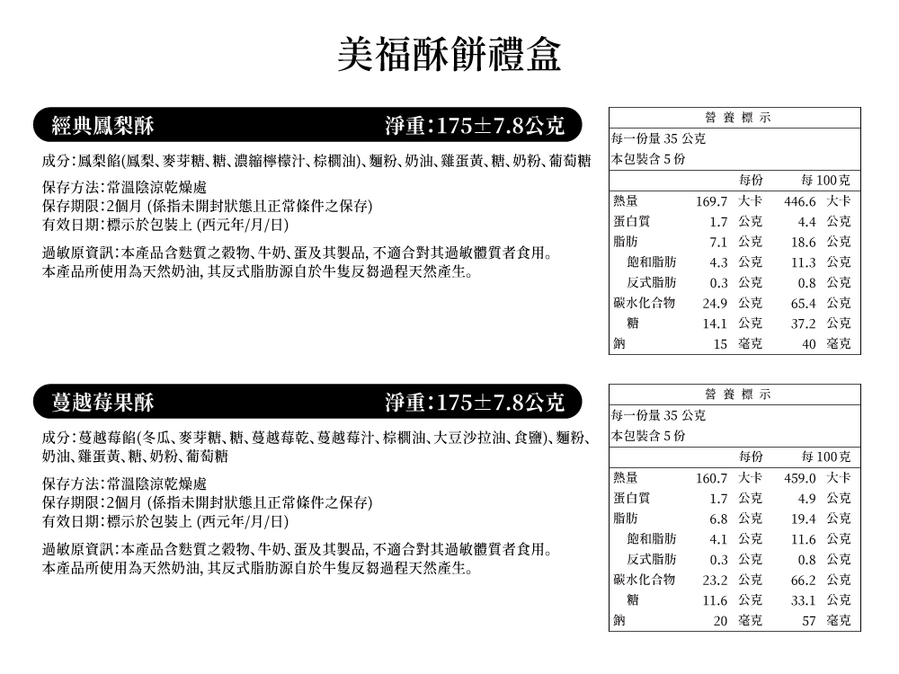 成分鳳梨餡鳳梨、麥芽糖、糖、濃縮檸檬汁、棕櫚油、麵粉、奶油、雞蛋黄、糖、奶粉、葡萄糖