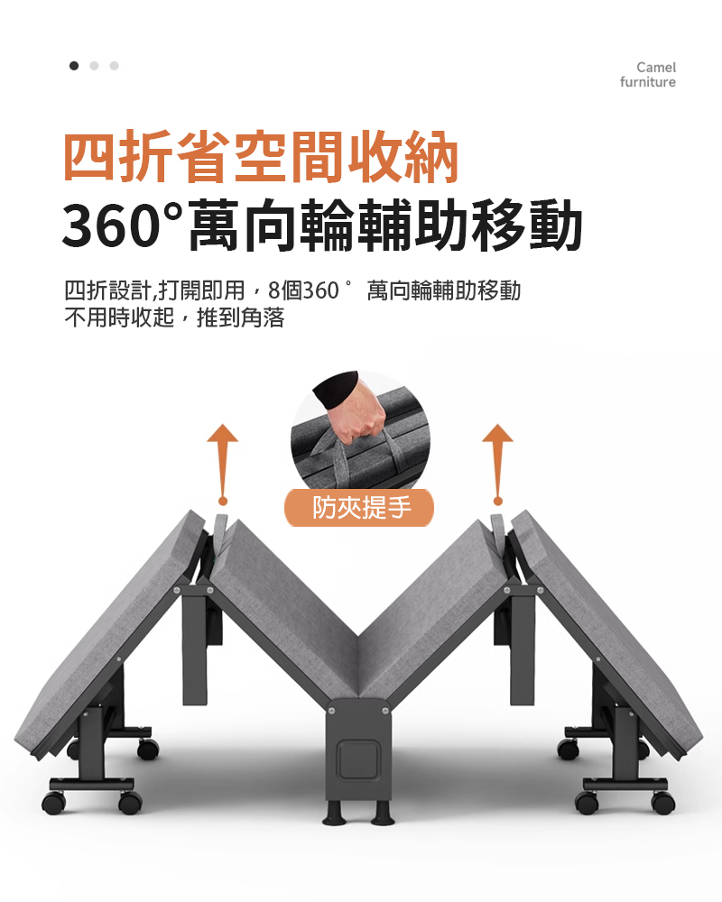 四折省空間收納 360萬向輪輔助移動 四折設計,打開即用,8個360 萬向輪輔助移動 不用時收起,推到角落 防夾提手