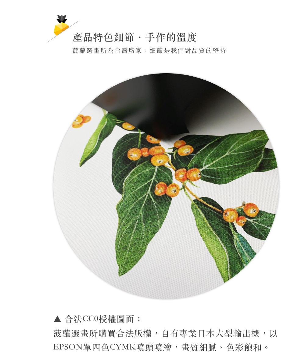 產品特色細節,手作的溫度 菠蘿選畫所為台灣廠家,細節是我們對品質的堅持 合法CCO授權圖面 菠蘿選畫所購買合法版權,自有專業日本大型輸出機,以 EPSON單四色CYMK噴頭噴繪,畫質細膩、色彩飽和。 