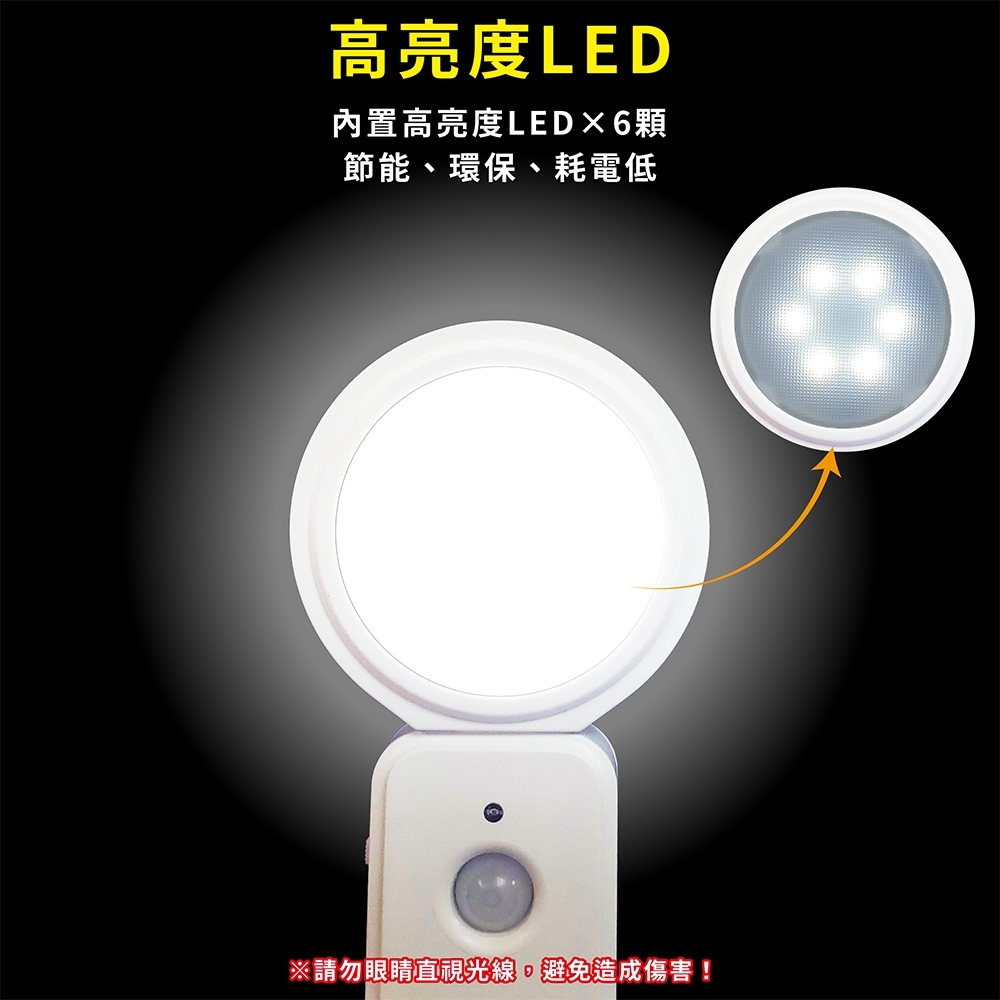 高亮度LED 內置高亮度LEDX6顆 節能、環保、耗電低 請勿眼睛直視光線。 避免造成傷害 