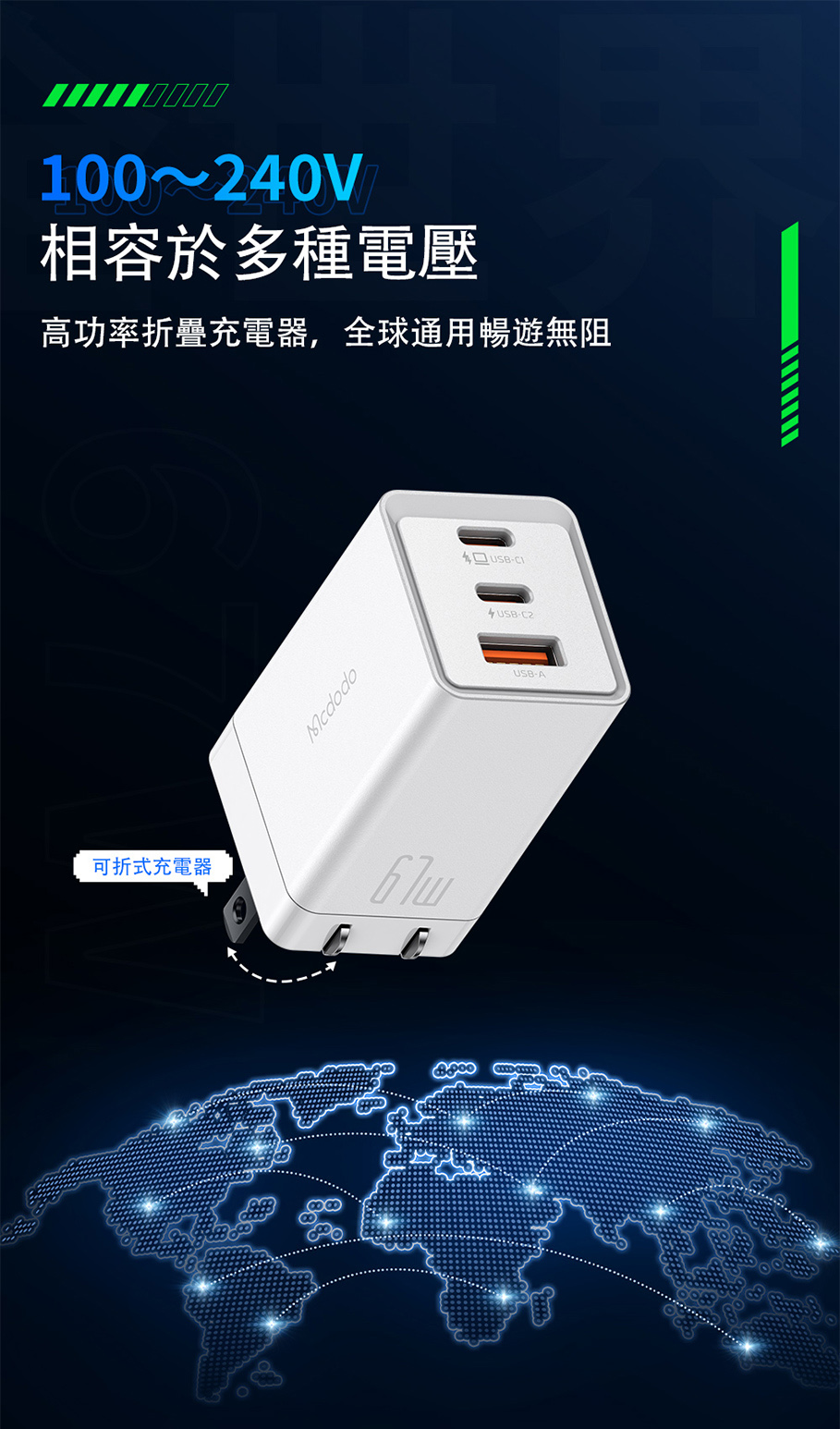 相容於多種電壓 高功率折疊充電器,全球通用暢遊無阻 可折式充電器 