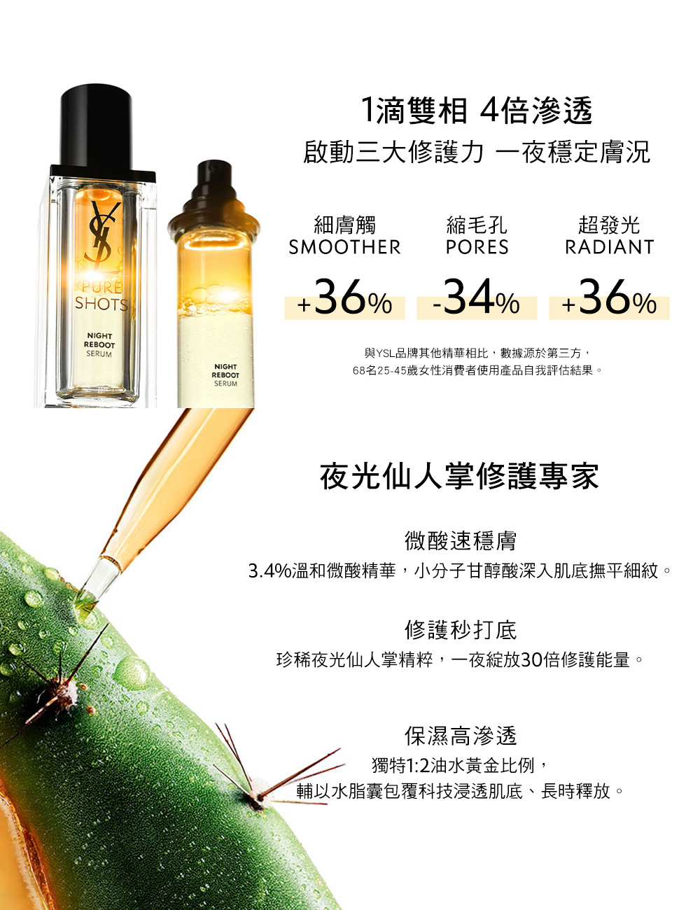 3.4%溫和微酸精華,小分子甘醇酸深入肌底撫平細紋。