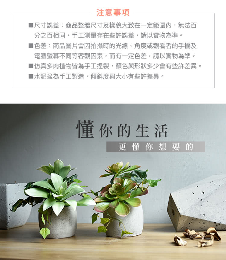 仿真多肉植物皆為手工捏製,顏色與形狀多少會有些許差異,
