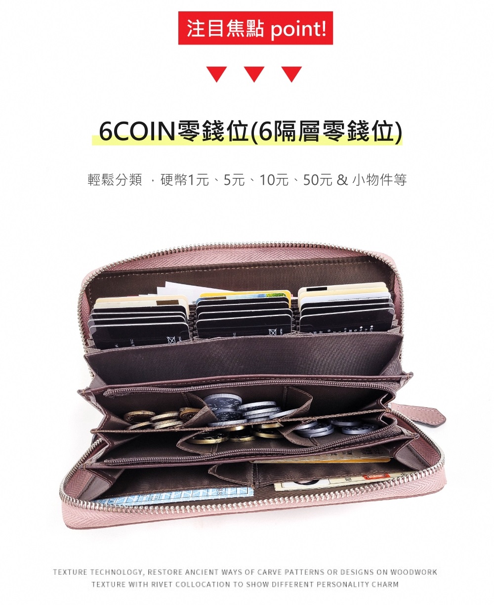 注目焦點 point 6COIN零錢位6隔層零錢位 輕鬆分類,硬幣1元、5元、10元、50元小物件等 