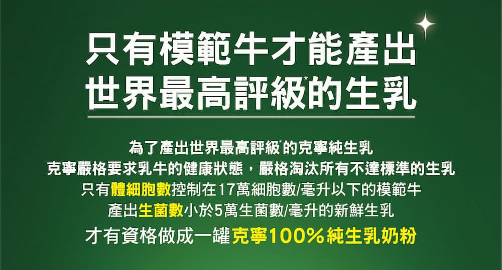 克寧嚴格要求乳牛的健康狀態,嚴格淘汰所有不達標準的生乳