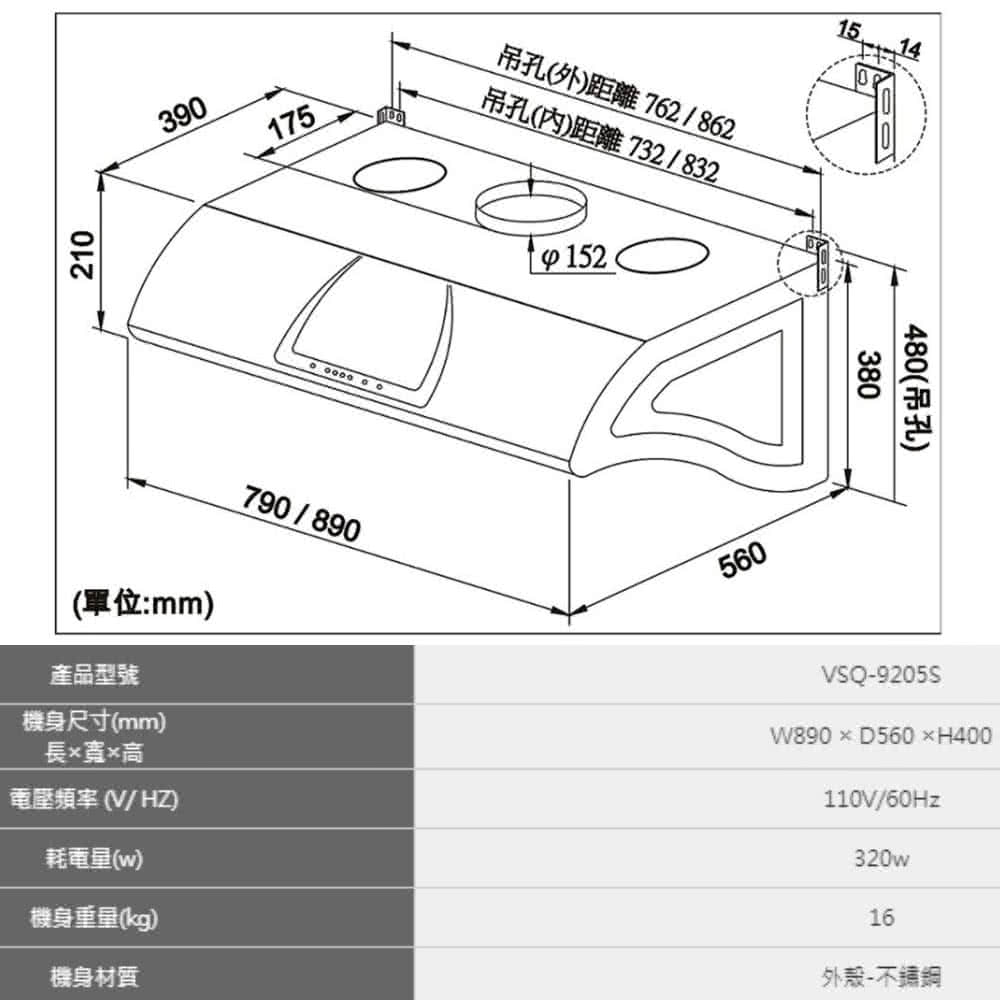 210390175 吊孔(外)距離762/862吊孔(內)距離732/8321521514380480(吊孔)(單位:mm)產品型號機身尺寸(mm)長高電壓頻率(V/HZ)耗電量(w)機身重量(kg)機身材質790/890560VSQ-9205SW890D560H400110V/60Hz320w16外殼-