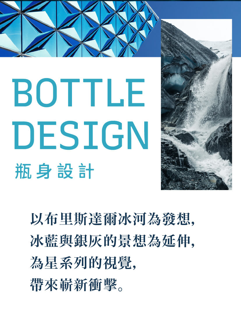 瓶身設計 以布里斯達爾冰河為發想, 冰藍與銀灰的景想為延伸, 為星系列的視覺, 帶來嶄新衝擊。 