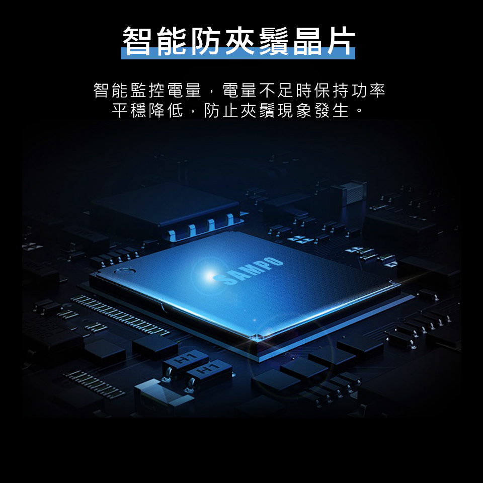 智能防夾鬚晶片 智能監控電量,電量不足時保持功率 平穩降低,防止夾鬚現象發生。 