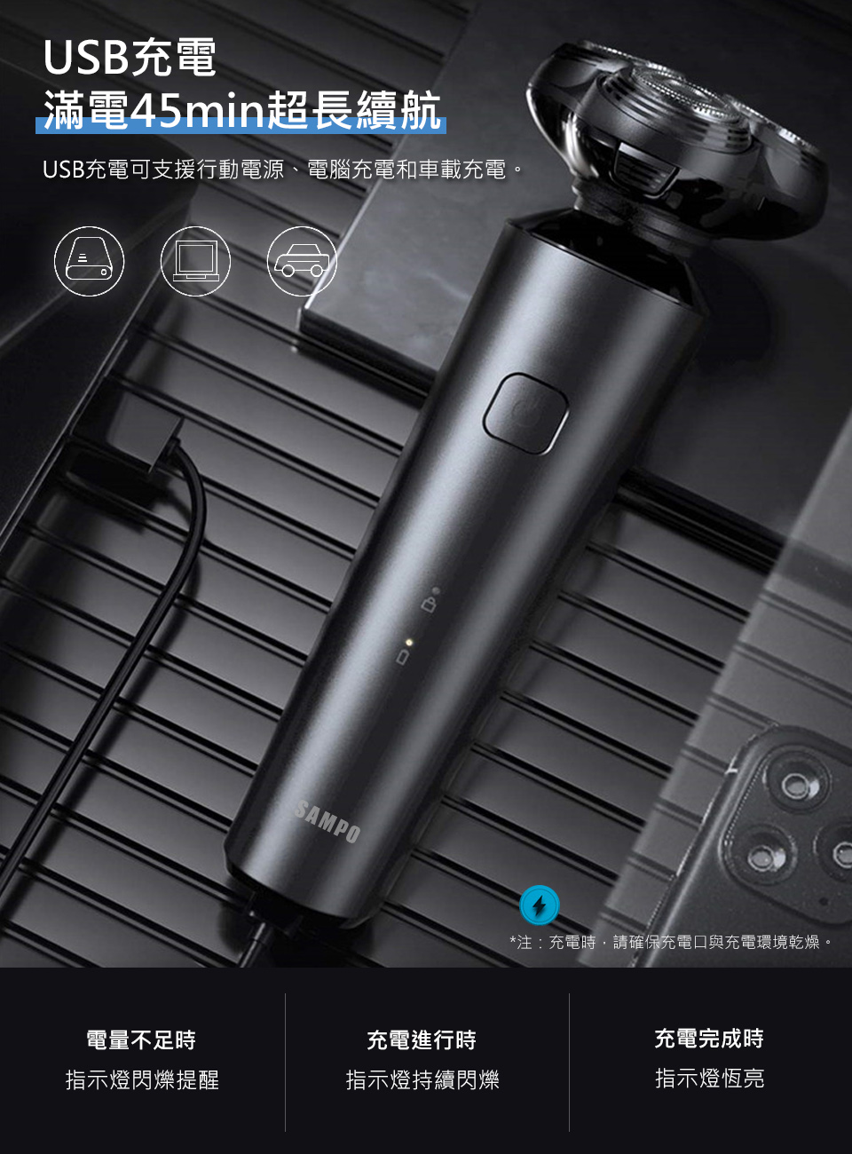 USB充電可支援行動電源、電腦充電和車載充電。
