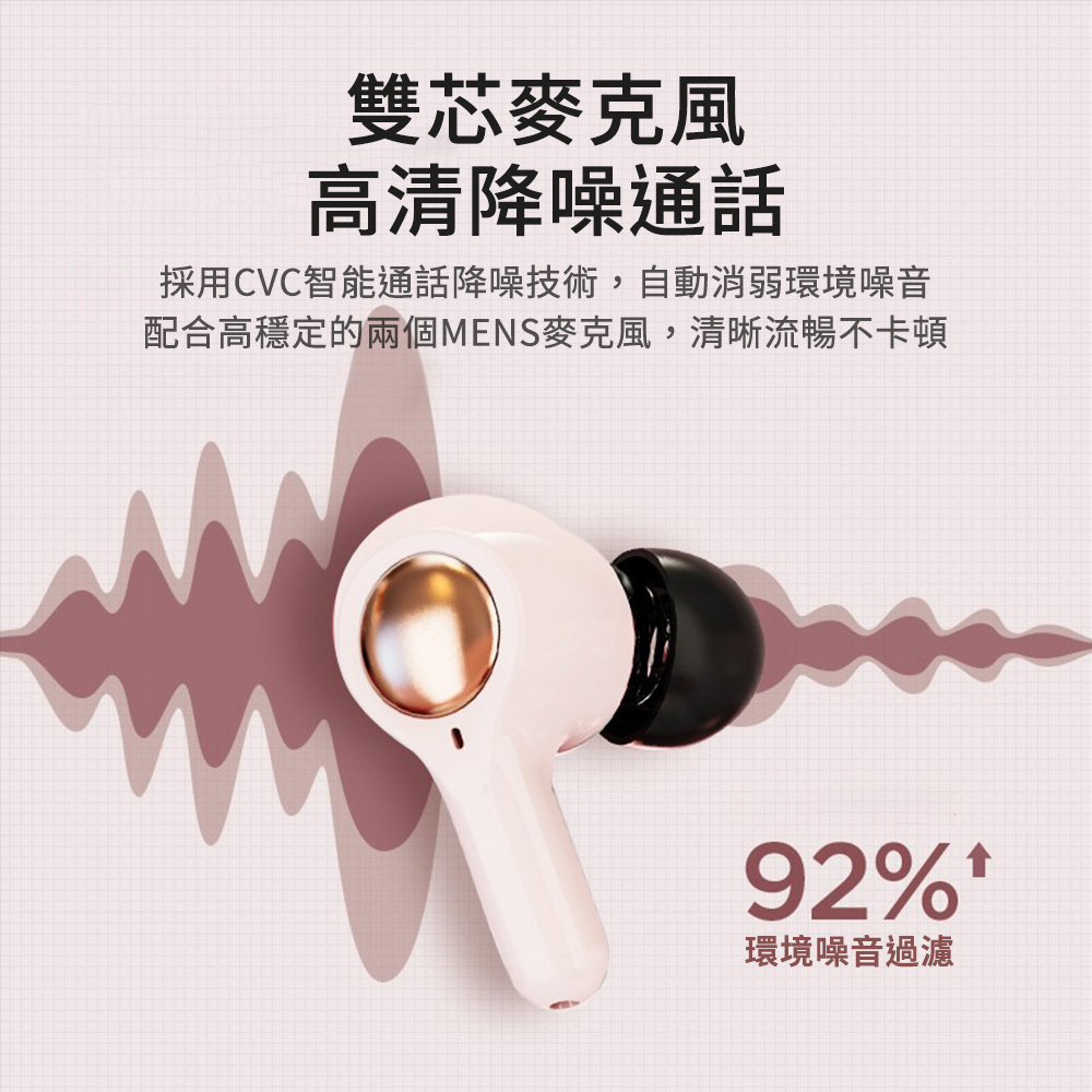 雙芯麥克風 高清降噪通話 採用CVC智能通話降噪技術,自動消弱環境噪音 配合高穩定的兩個MENS麥克風,清晰流暢不卡頓 環境噪音過濾 