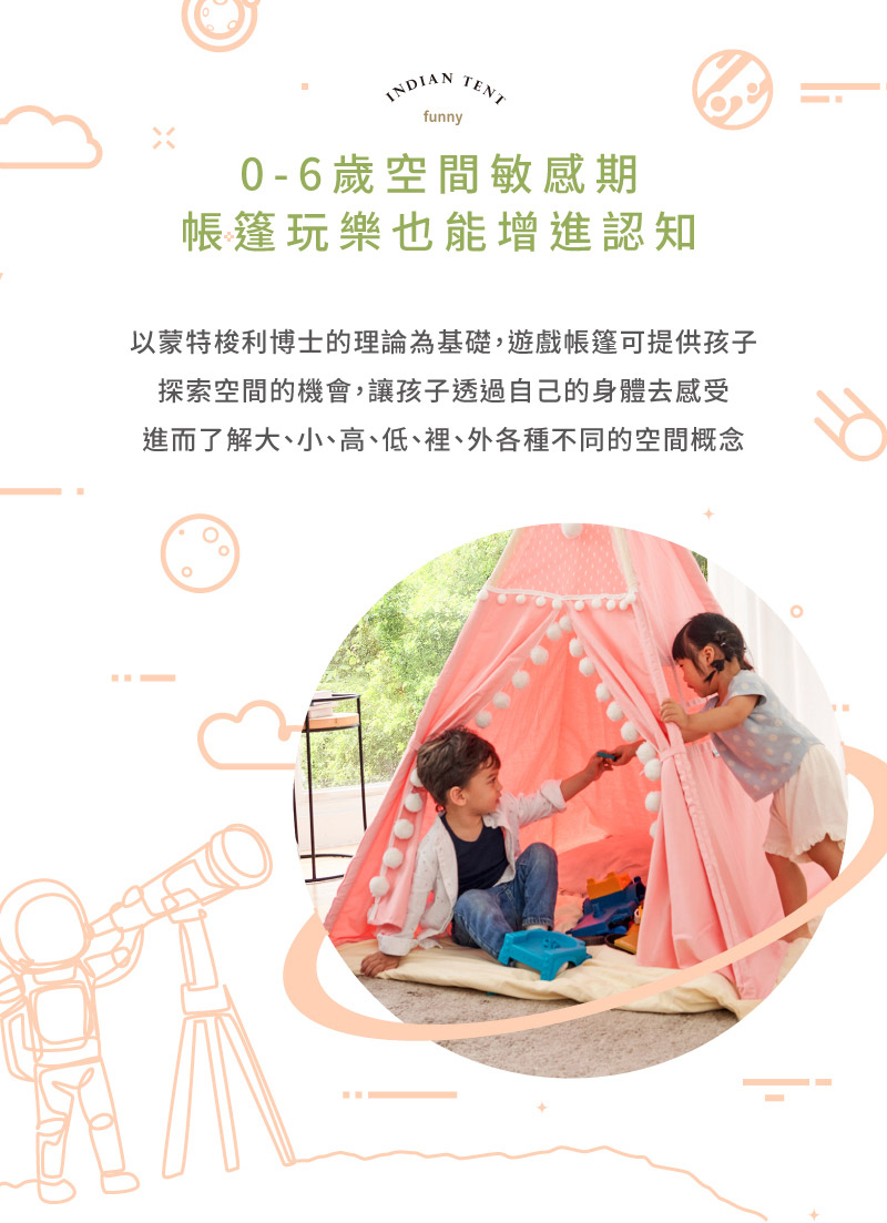 06歲空間敏感期 帳篷玩樂也能增進認知 以蒙特梭利博士的理論為基礎,遊戲帳篷可提供孩子 探索空間的機會,讓孩子透過自己的身體去感受 進而了解大、小小高、低、裡、外各種不同的空間概念 