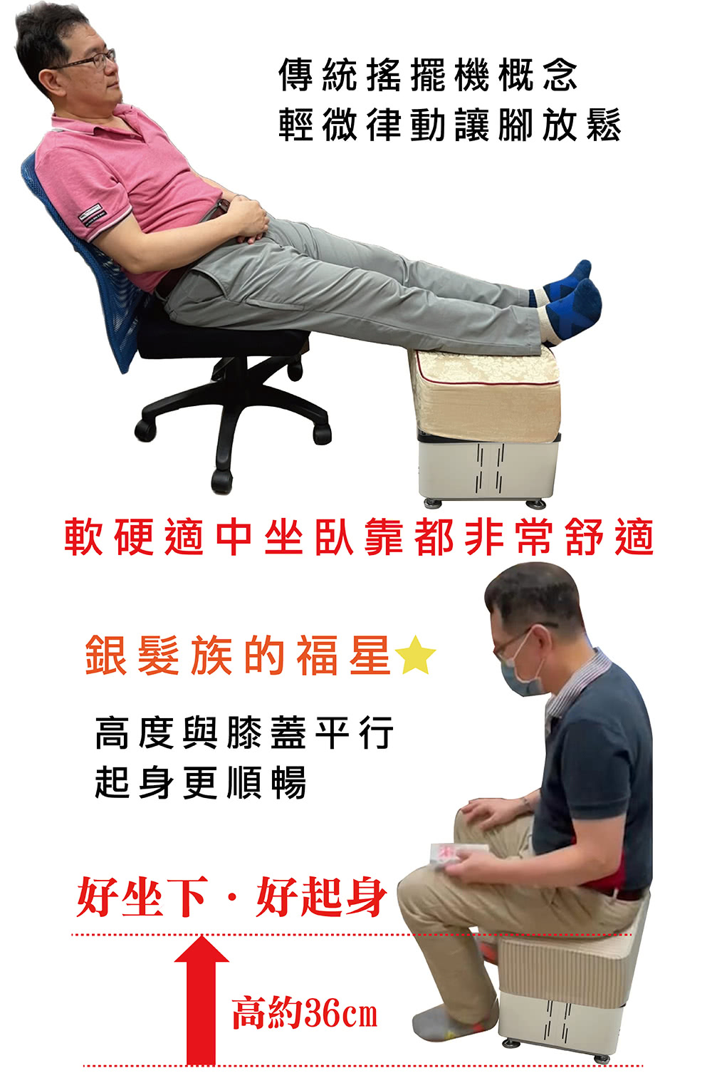 傳統搖擺機概念輕微律動讓腳放鬆軟硬適中坐臥靠都非常舒適銀髮族的福星高度與膝蓋平行起身更順暢好坐下·好起身高約36cm