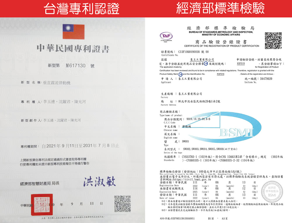 台灣專利認證中華民國專利證書新型 M670 號新型名稱垂直震波律動機TAF濟部標準經濟部標準檢驗UREAU OF STANDARDS METROLOGY AND INSPECTIONMINISTRY OF ECONOMIC AFFAIRS商品證書CERTIFICATE OF THE REGISTRATION OF PRODUCT CERTIFICATION證書號碼 C3F01918號 00 據工業有限公司申請經審查結果符合規定准予並使用商品安全標章及識別號碼The   登錄事項如下:for Regtration of      found to    with  regulations Therefore  is  with R3F019 Details of  registration are follows:   and the  申 請 人 :象工業有限公司統一編號:34479620 專利權人:李玉連沈躍君陳光河新型創作人:李玉連、沈躍君、陳光河生產場 : 象王工業有限公司址:新北市淡水區民族路29巷1弄2號 商品種類名稱:Type of 商品分類號列:90191019008-B Code中文名稱 : 動機專利權期間:2021911至203178止 英文名稱 : 式: Type系列型式 :  SW003 SW004 SW005 SW0以下空白Series of the type依據標準: CNS783-1102版、符合CNS 15663第5節含有標示規定 、CNS60335-1 103版)、CNS60335-2-32 104版)102年版上開新型業依專利法規定通過形式審查取得專利權使專利權如未提示新型專利技術報告不得進行警告標準檢驗局發證發證地址:100臺北市中正區濟南路1段4號) certificate is  by the   . 1    .    )經濟部智財產局局長洪淑敏 () 證書以電子文件行之所載內容若有不符之處,以標準檢驗局系統登錄資料為主,查詢證書資料網址:https://civil.bsmi.gov.tw登錄日期:中華民國  年 06Registration 13日()13 (day)本證書有效期限至114 年0612Expiration Date2025 (year)06()12(day)標準檢驗局發證日期:中華民國111 年06 of issue2022 (year)06中華民國 慧 年 9 月 11 日BSMI:本證書驗證登錄商品,人須與本證書名義人相同。註2:次年度商品驗證登錄年費繳納期限為11月日,未繳納,經繳納屆期未繳納,即依商品檢驗法第42第7款規定廢止驗證登錄,並自次年度1月1日起生效。月13日()13(day)註3:本證書僅代表完成檢驗程序,不作為其他(如產地)證明。列印序號:033F905139130160051第1, 1頁