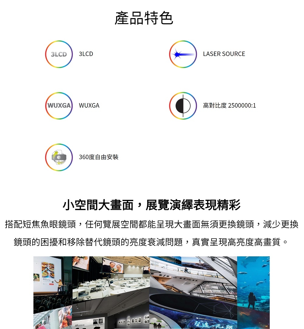 搭配短焦魚眼鏡頭,任何覽展空間都能呈現大畫面無須更換鏡頭,減少更換