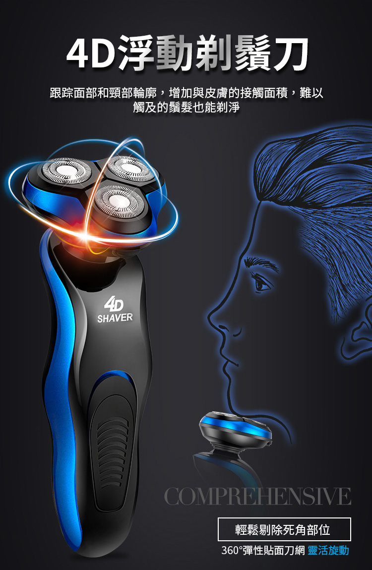 4D浮動剃鬚刀 跟踪面部和頸部輪廓,增加與皮膚的接觸面積,難以 觸及的鬚髮也能剃淨 輕鬆剔除死角部位 360彈性貼面刀網 靈活旋動 