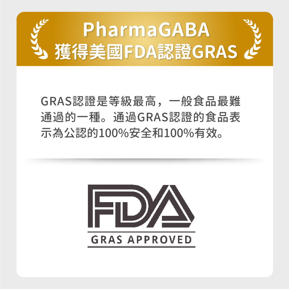 獲得美國FDA認證GRAS GRAS認證是等級最高,一般食品最難 通過的一種。通過GRAS認證的食品表 示為公認的100%安全和100%有效。 