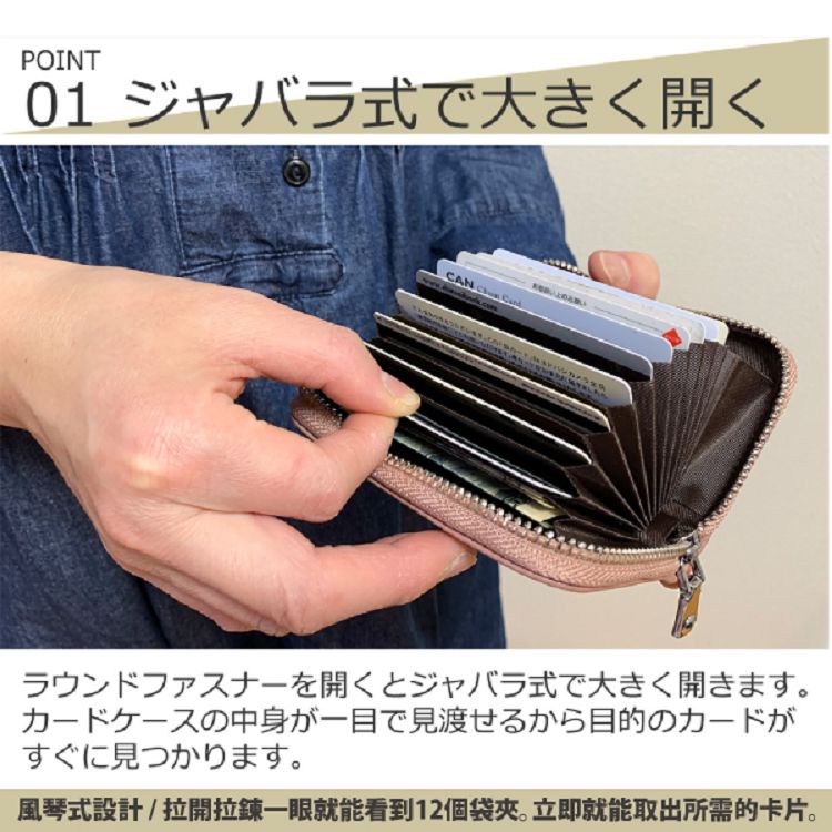 01 式大開 開式大開。 中身一目見渡目的 見。 風琴式設計  拉開拉錬一眼就能看到12個袋夾。 立即就能取出所需的卡片。 