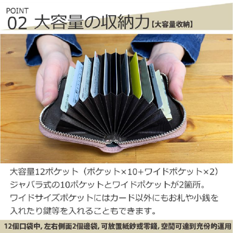 12個口袋中, 左右側面2個邊袋, 可放置紙鈔或零錢, 空間可達到充份的運用
