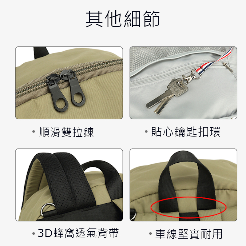 其他細節 順滑雙拉鍊 。貼心鑰匙扣環 3D蜂窩透氣背帶 。車線堅實耐用 