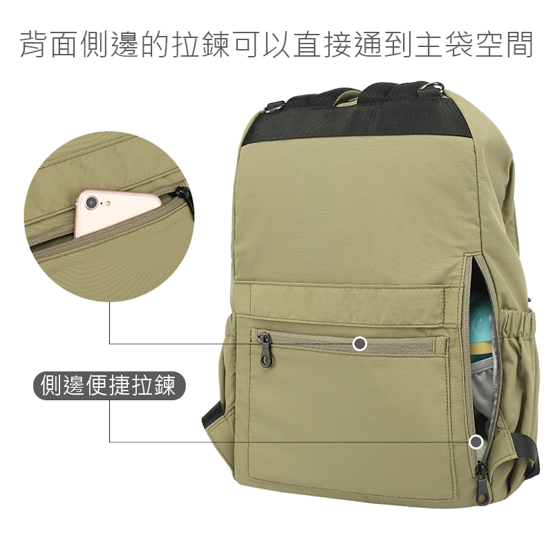 背面側邊的拉鍊可以直接通到主袋空間 側邊便捷拉鍊 