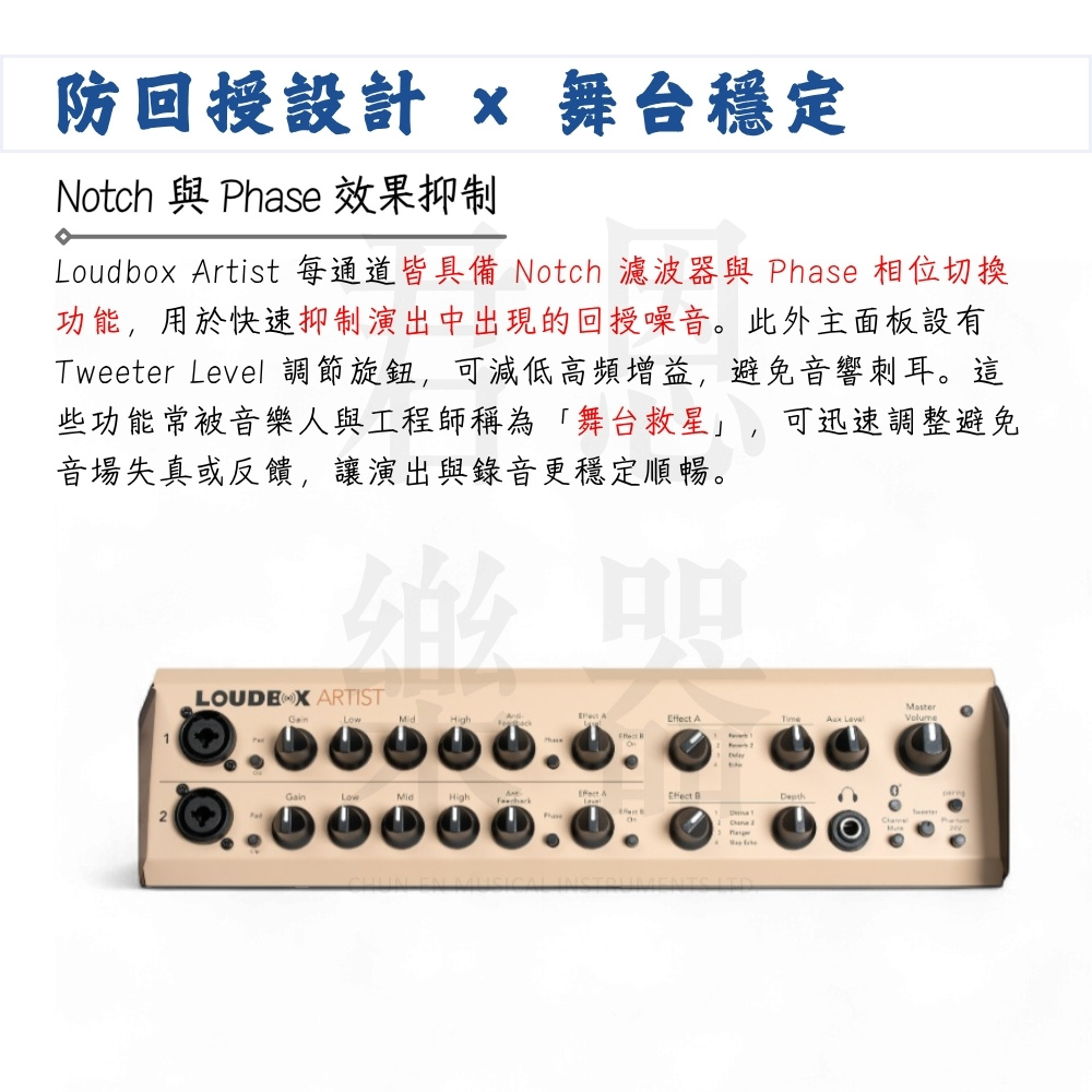 Loudbox Artist 每通道皆具備 Notch 濾波器與 Phase 相位切換