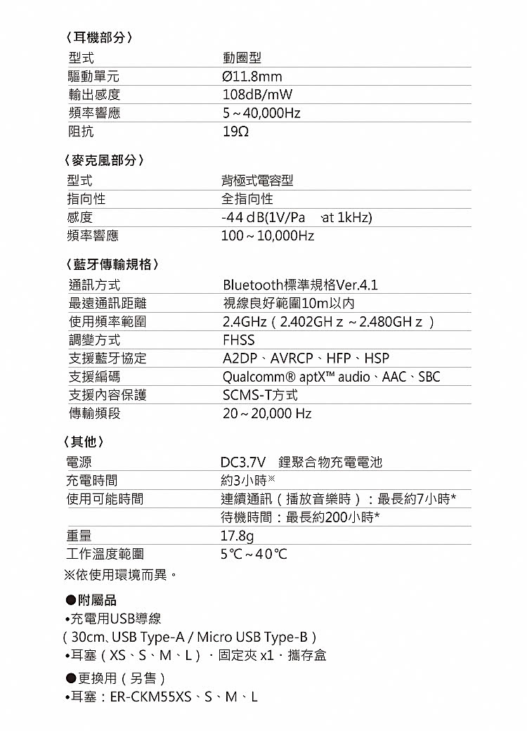 耳塞 XS、S、M、L.固定夾 x1.攜存盒