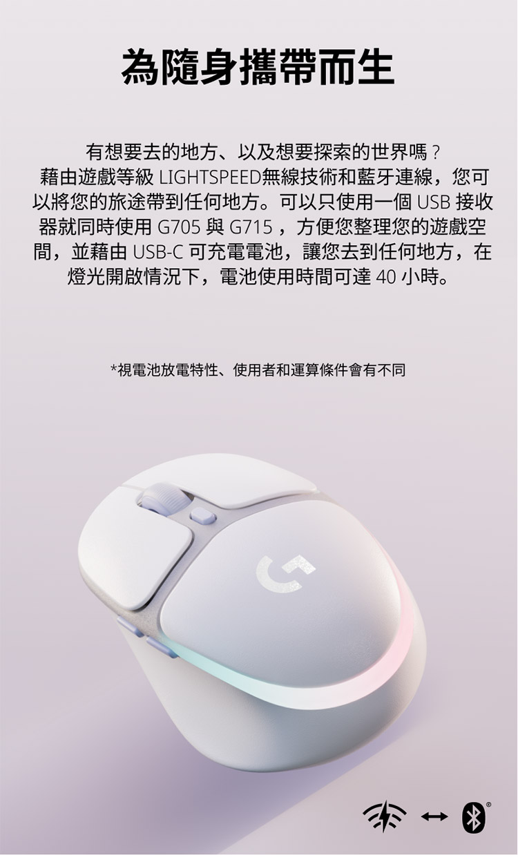 藉由遊戲等級 LIGHTSPEED無線技術和藍牙連線,您可