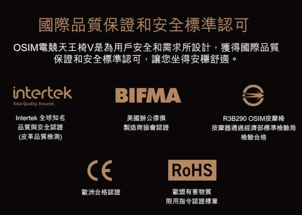 OSIM電競天王椅V是為用戶安全和需求所設計,獲得國際品質