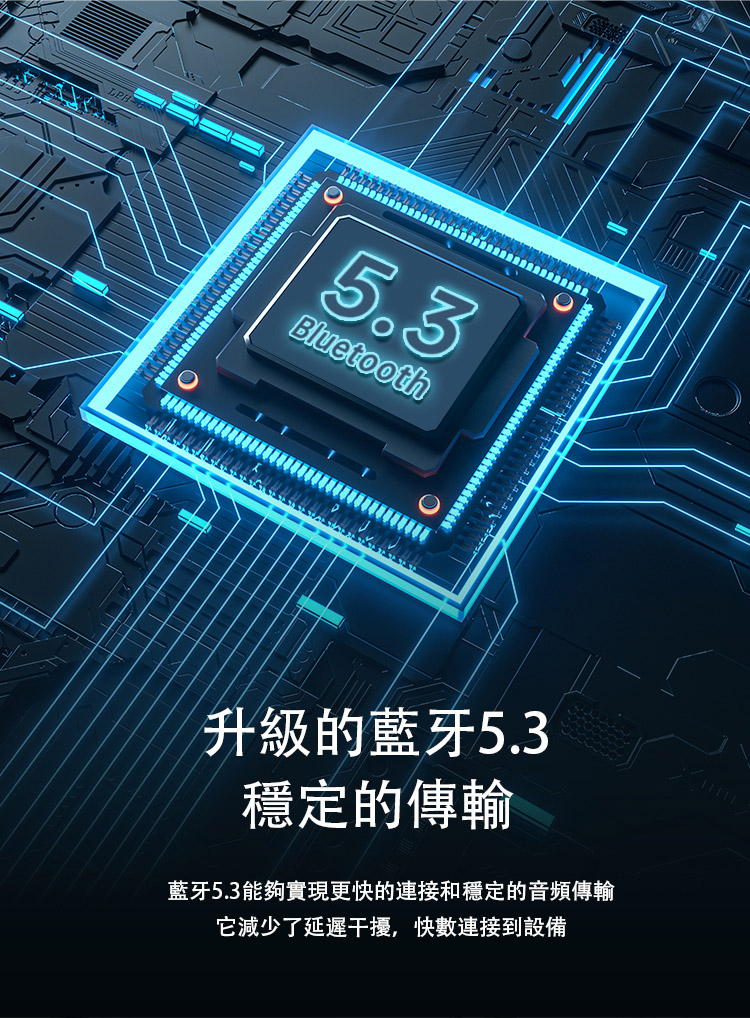 升級的藍牙5.3 穩定的傳輸 藍牙5.3能夠實現更快的連接和穩定的音頻傳輸 它減少了延遲干擾,快數連接到設備 