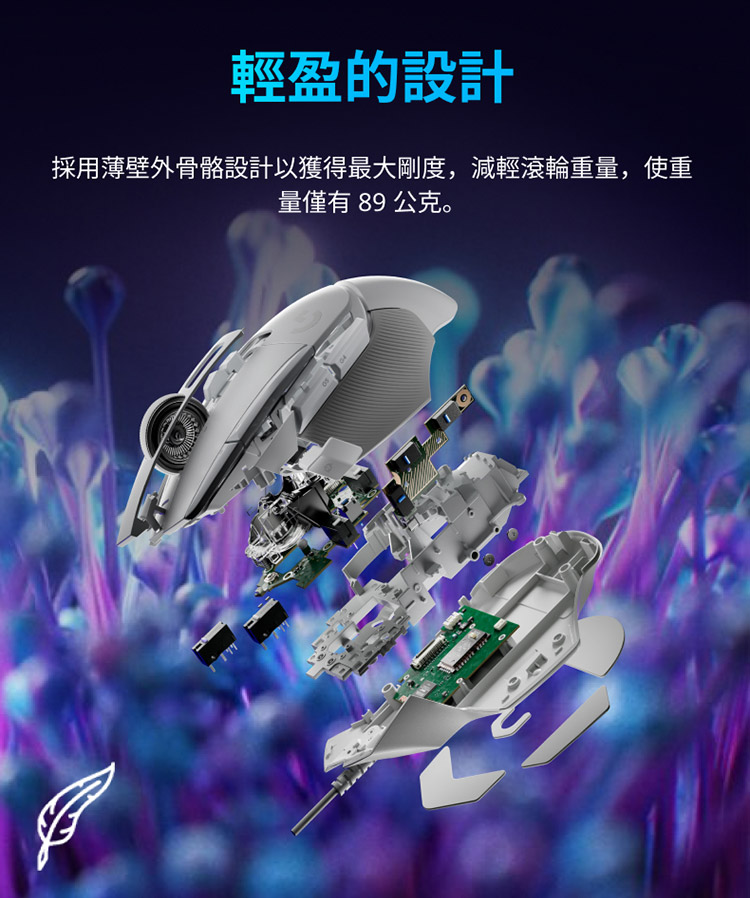 輕盈的設計 採用薄壁外骨骼設計以獲得最大剛度,減輕滾輪重量,使重 量僅有89公克。