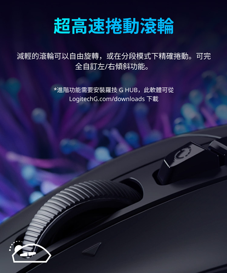超高速捲動滾輪 減輕的滾輪可以自由旋轉,或在分段模式下精確捲動。可完 全自訂左右傾斜功能。 進階功能需要安裝羅技GHUB,此軟體可從