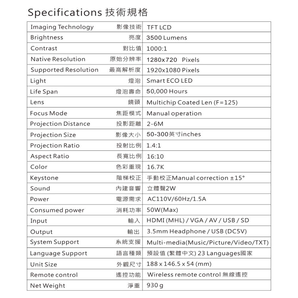Specifications 技術規格